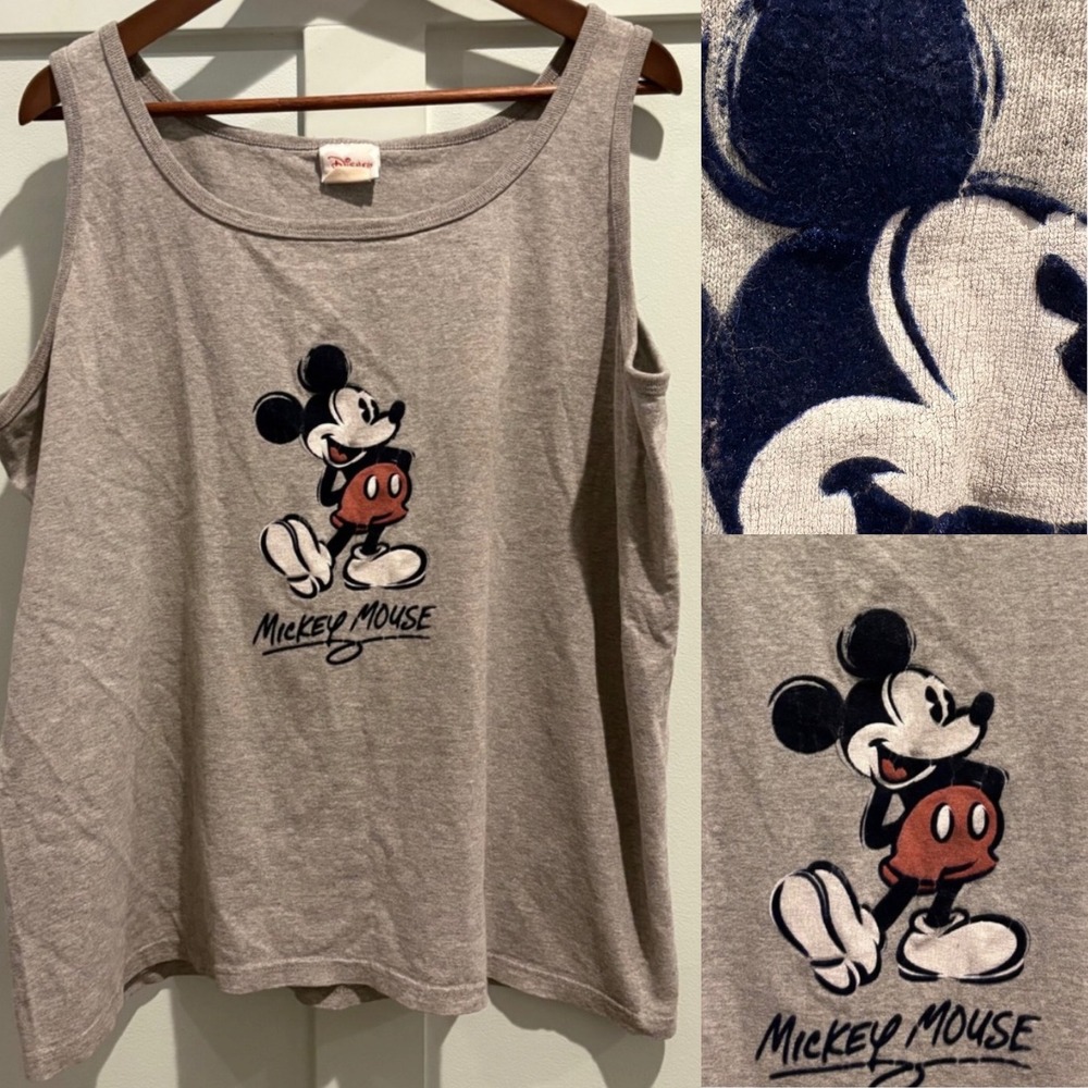 Disney Store Y2K Mickey Mouse Tank Top XL Gray Flocked Graphic Sleeveless Shirt